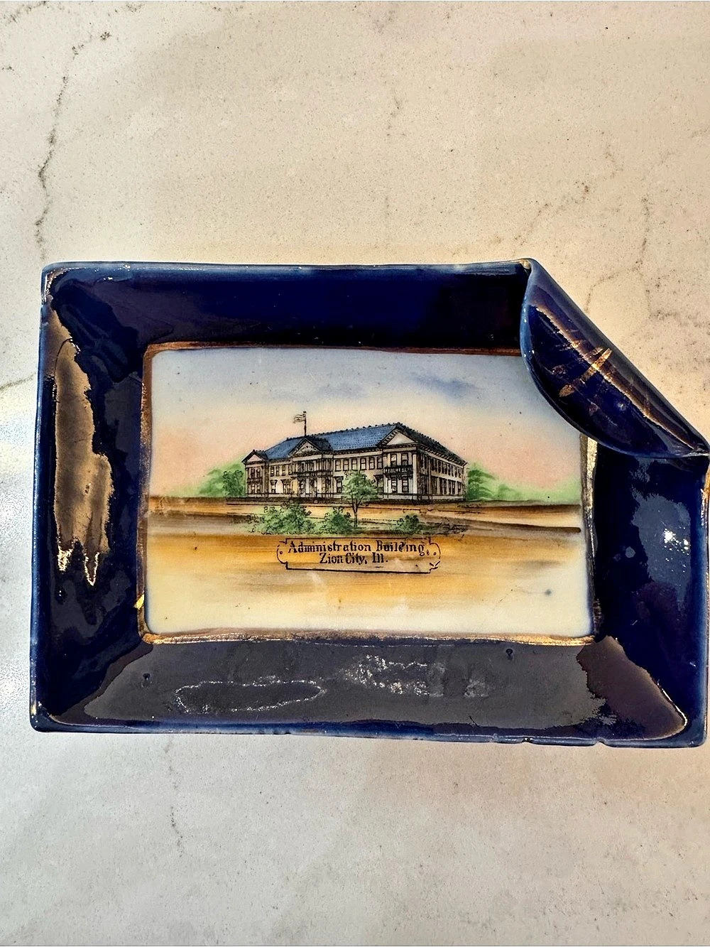Antique Wheelock Dresden Germany Zion City IL Cobalt Blue Souvenir Ashtray